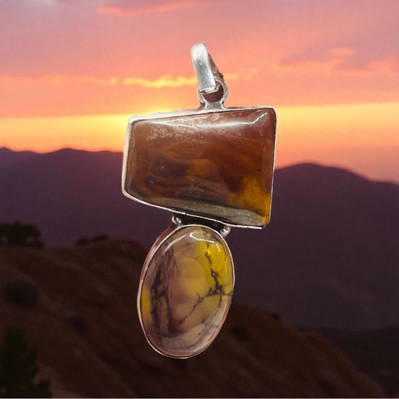 Jewelry - Sterling Mookaite Gemstone Pendant in Trapezoidal and Oval Shapes